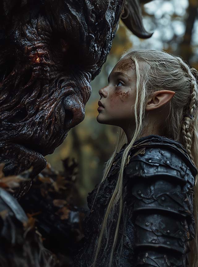 A young dark elf child in dark armor stares fearlessly into the face of a towering forest creature - Valtyr Legend of the Dark Elf